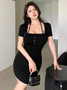 DAZY Sommerkleid für Damen Einfarbig mit Schleifendekoration und schlanker Passform - Schwarz - Übersicht 6