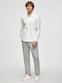 Manfinity VCAY Men's 2pcs Woven Leisure Stand Collar Long Sleeve Plain Shirt, Suitable For Spring And Summer