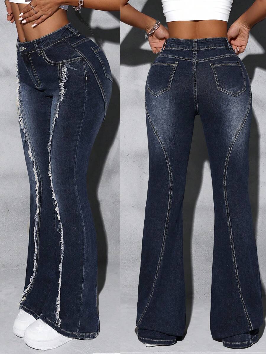 SHEIN ICON Frayed Patchwork Washed Denim Jeans - Dark Wash - View 1