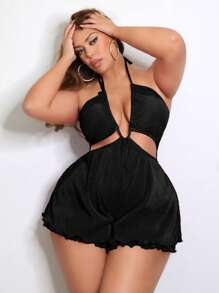 SHEIN SXY Mono sexy para mujer de talla grande, con pliegues en la tela, lazo en el pecho, diseño de espalda descubierta y dobladillo ondulado