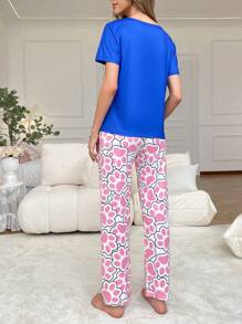 Women's Cat Allover Print Short Sleeve Round Neck Top And Allover Print Pants Summer Pajama Set, Sleepwear - Multicolor - View 2