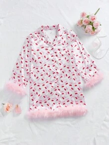 Allover Print Satin Contrast Fluffy Pajama Night Dress