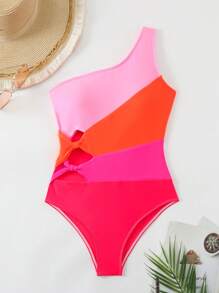 SHEIN Swim Bộ đồ tắm một mảnh đi biển mùa hè màu khối một vai - Nhiều màu - Xem 4