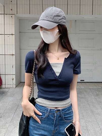 时尚女士春夏修身款二合一 V 领短袖 T 恤（亮粉色）