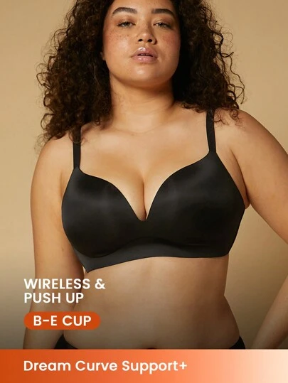 LUVLETTE Dream Curve Support+ Black Wireless Push Up T-Shirt Basic SizeFreedom Bra No Show Underwear Comfortable Must-Haves