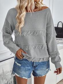 EMERY ROSE Solid Fringe Trim Long Sleeve Sweater, Knit Pullover Fall Winter - Grey - View 4