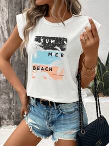 INAWLY Letter Graphic Batwing Sleeve Tee SUM MER BEACH - White - View 6