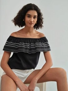 MOTF STUDIO EMBROIDERY RUFFLE TRIM OFF SHOULDER BLOUSE