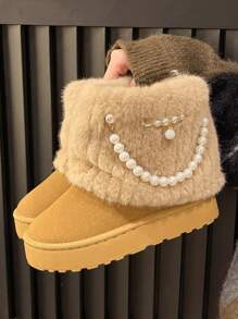 New Arrival Women's Fashionable, Comfortable And Simple Apricot Slip-On Shoes With Round Toe, Thermal Lined , Microfiber Upper, Black Fluffy And Faux Pearl Decoration, Casual Thick-Soled Non-Slip Shoes For Autumn, Winter And Snowy Days,Fur Boots,Snow Boots - Apricot - View 1
