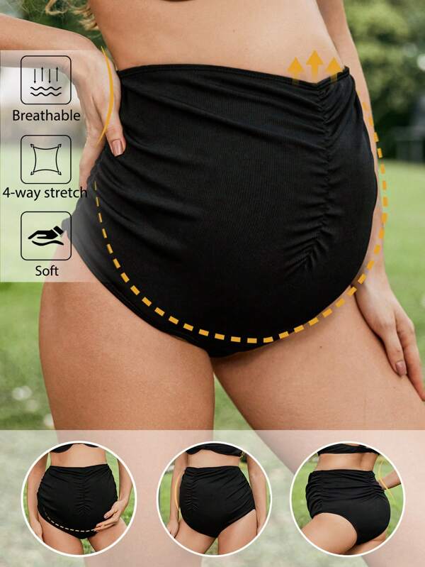 SHEIN Maternity Solid Color Pleated Full Coverage Bikini Bottom For Holiday Matching Summer