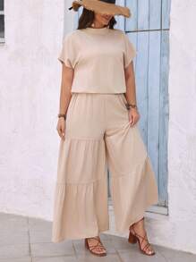 SHEIN VCAY Plus Batwing Sleeve Top & Ruffle Hem Wide Leg Pants For Summer Vacation - Apricot - View 3