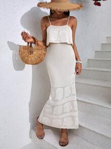 EURMUSE Women Knitwear Dress With Openwork - Beige - View 3