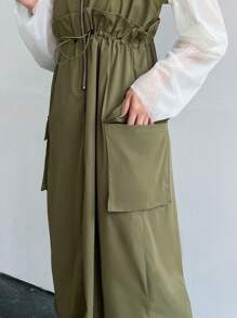 FRIFUL Đầm hai dây eo có túi nắp bên hông không có áo phông cho mùa hè - xanh quân đội - Xem 6