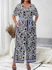 EMERY ROSE Plus Size Women's Vacation Paisley Printed Short Sleeve Jumpsuit With Pockets, Wide Leg - Multicolor - View 3