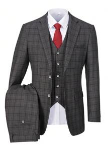 Conjunto de 3 piezas de traje de hombre a cuadros de solapa sencilla sin camisa de la marca Furuyal - Gris - Ver 1