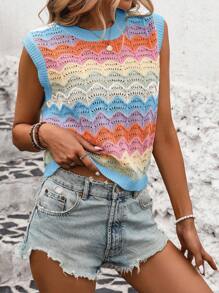 SHEIN LUNE 拼色空心針織毛衣背心 - 淺藍色 - 查看 6