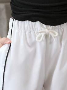 SHEIN Leap Crew Tween Girls' Contrast Piping Drawstring Waist Wide Leg Cargo Pants - White - View 4