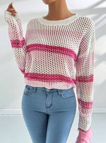 SHEIN LUNE Spring/Summer Casual Hollow Knitted Gradient Striped Sweater  Fall Winter Outfit