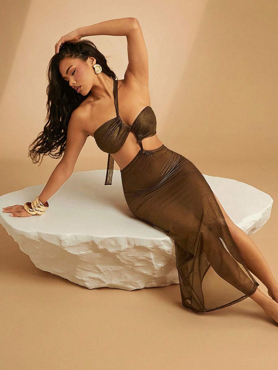 SHEIN Unity Women's Asymetrical Sheer Dress - Brown - View 1