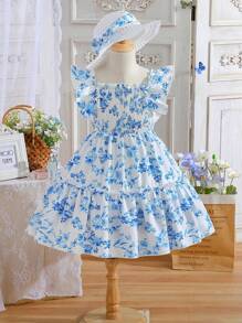 SHEIN Váy xếp nếp in hoa có mũ cho bé gái - Nhiều màu - Xem 1