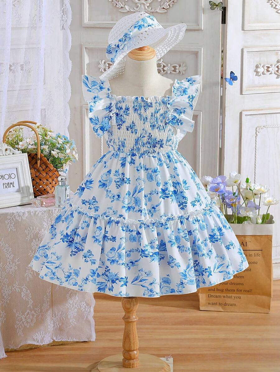 SHEIN Váy xếp nếp in hoa có mũ cho bé gái - Nhiều màu - Xem 1