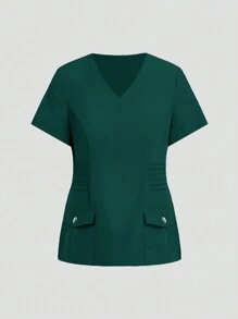 TaskEZ V Neck Top & Detachable Flap Pocket Cargo Pants Scrub Uniform Sets - Army Green - View 10