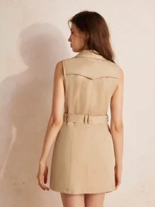 Aveloria Modichic Elegant & Versatile British Style Sleeveless Suit Jacket For Women's Office Look, Solid Color With Waist Belt And Double Breasted Buttons - Khaki - View 2