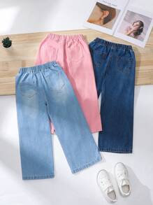 SHEIN Conjunto informal de 3 piezas de ajuste holgado para niña joven, con pantalones vaqueros de pierna ancha de cintura elástica cómodos y casuales - Multicolor - Ver 2