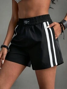 Easithlete Spodenki sportowe w paski i grafiki z literami na lato Wygodne spodenki damskie Spodenki dresowe, spodenki do ćwiczeń, spodenki motocyklowe - Czarne - Zobacz 4