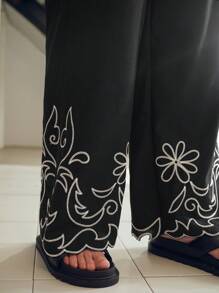MOTF STUDIO EMBROIDERY WIDE LEG SUIT PANTS - Black - View 3