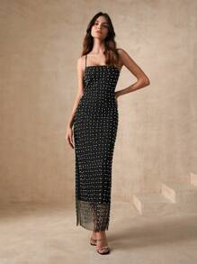 Anewsta 女式黑色亮片拼接夏季吊带长裙女装 - 黑色 - 查看 2