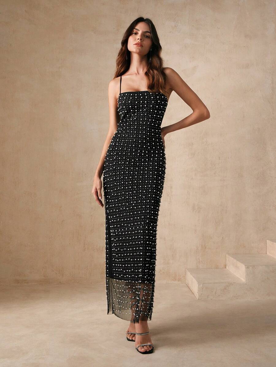 Anewsta 女式黑色亮片拼接夏季吊带长裙女装
