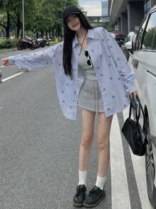 DAZY 女士长袖蝴蝶印花衬衫，配领结，秋季服装图案T恤 - 藍色 - 查看 2