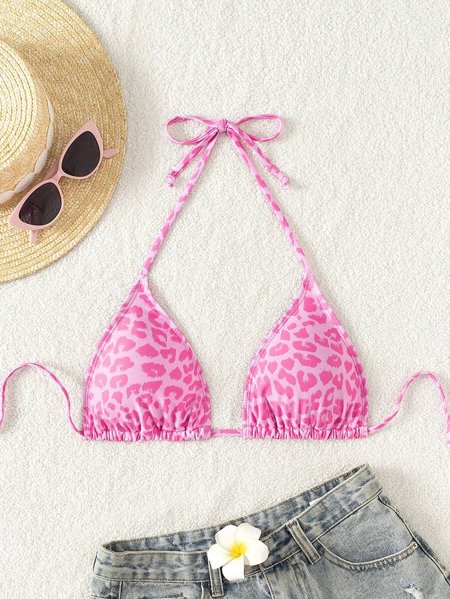 Swim Mod 2025 女式豹纹露背系带性感比基尼上衣，适合海滩度假夏季 - 淺粉色 - 查看 1