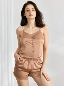 Ocili Satin Träger-Top mit Knopfleiste und Shorts Schlafanzug Set / Pyjama Set