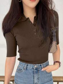 DAZY Women's Short Sleeve Polo Neck Half-Zip Knitted Sweater Summer Fall - Coffee Brown - View 4
