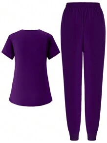 Women Scrubs Uniform, Soft Elastic Jogger Nurse Workwear, Breathable Surgical Gown With Pockets - Mauve Purple - View 2