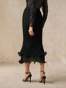 SHEIN X Phaith Montoya Anewsta Elegant Ruffle Hem Textured Bodycon Skirt - Black - View 3