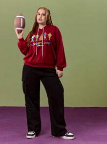 SCOOBY-DOO X SHEIN 大码秋季休闲复古学院风红色卡通狗与字母图案宽松针织连帽衫