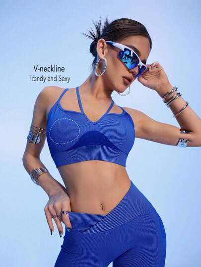 Innovista 动感条纹无缝中支撑工字背聚拢运动文胸，收腹提臀，性感秋季功能性上衣，日常休闲及运动健身、跑步骑行、瑜伽健身房、外出、音乐节实用时尚款