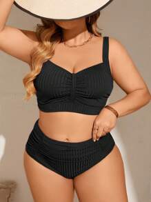 SHEIN Swim Curve 大尺碼夏季海灘單色褶皺比基尼套裝