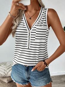 SHEIN LUNE Athleisure Black & White Striped Women"S Tank Top, Suitable For Sport, Run, Bike, Jog, Basketball