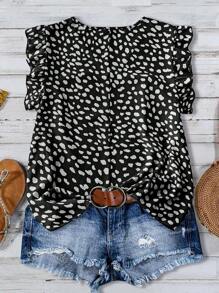 SHEIN LUNE Plus Allover Print Ruffle Trim Blouse, For Summer - Black - View 2