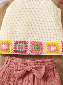 SHEIN Young Girl Crochet Flower Patterned Crop Top And Shorts Set With Headband - Multicolor - View 8