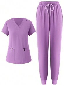 Uniforme de mujer de tela elástica suave, conjunto de uniformes de enfermería tipo running, bata quirúrgica transpirable con bolsillos