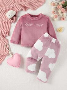 SHEIN Baby Girls' Simple And Cute Plush Material Long Sleeve And Long Pants Casual Homewear Set - Dusty Pink - View 1