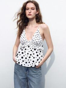 Maija Polka Dot Frill Trim Open Back Cami Top For Women - White - View 1