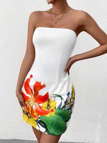 PARTHEA Backless Floral Print Bodycon Tube Dress - White - View 6