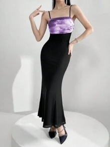 Modelyn 对比色扎染美人鱼下摆吊带裙和喇叭袖前开襟上衣夏季两件套