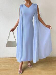 Chiquease 闪亮优雅夏季纯色简约日常连衣裙长款女装 - 藍色 - 查看 1